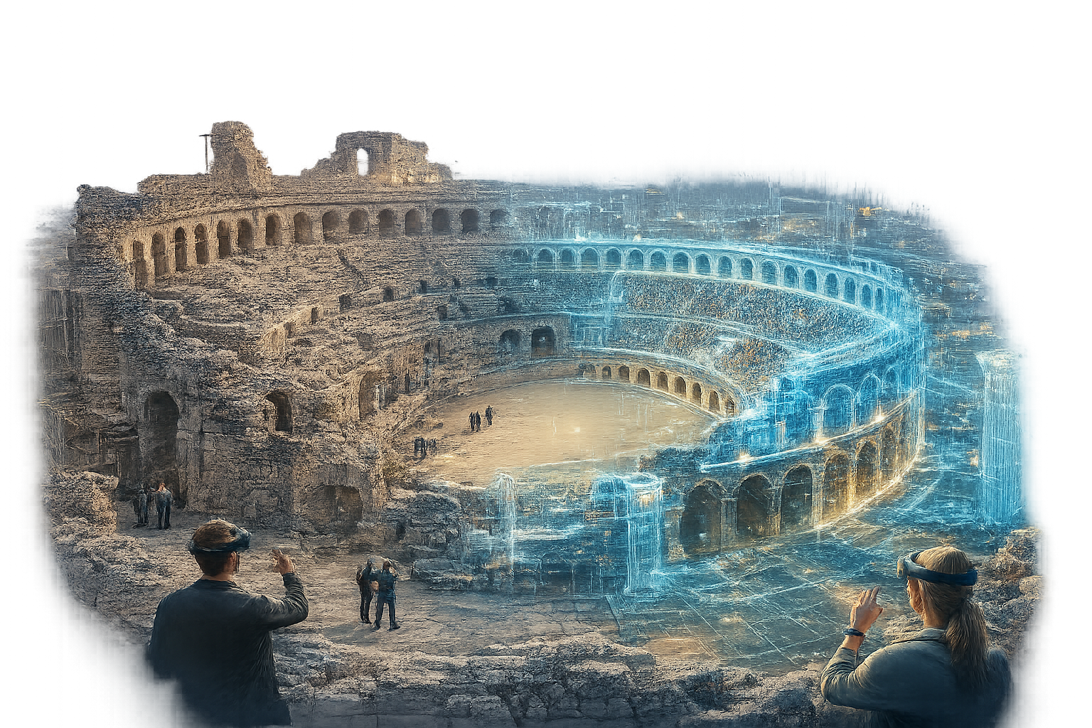 The Roman amphitheatre of Tarragona, half in surviving stone and half reconstructed digitally