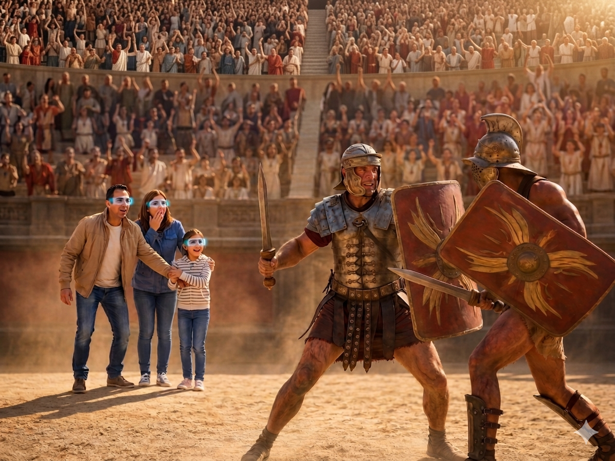 Visitors wearing mixed reality headsets watching a gladiator combat recreated inside the amphitheatre