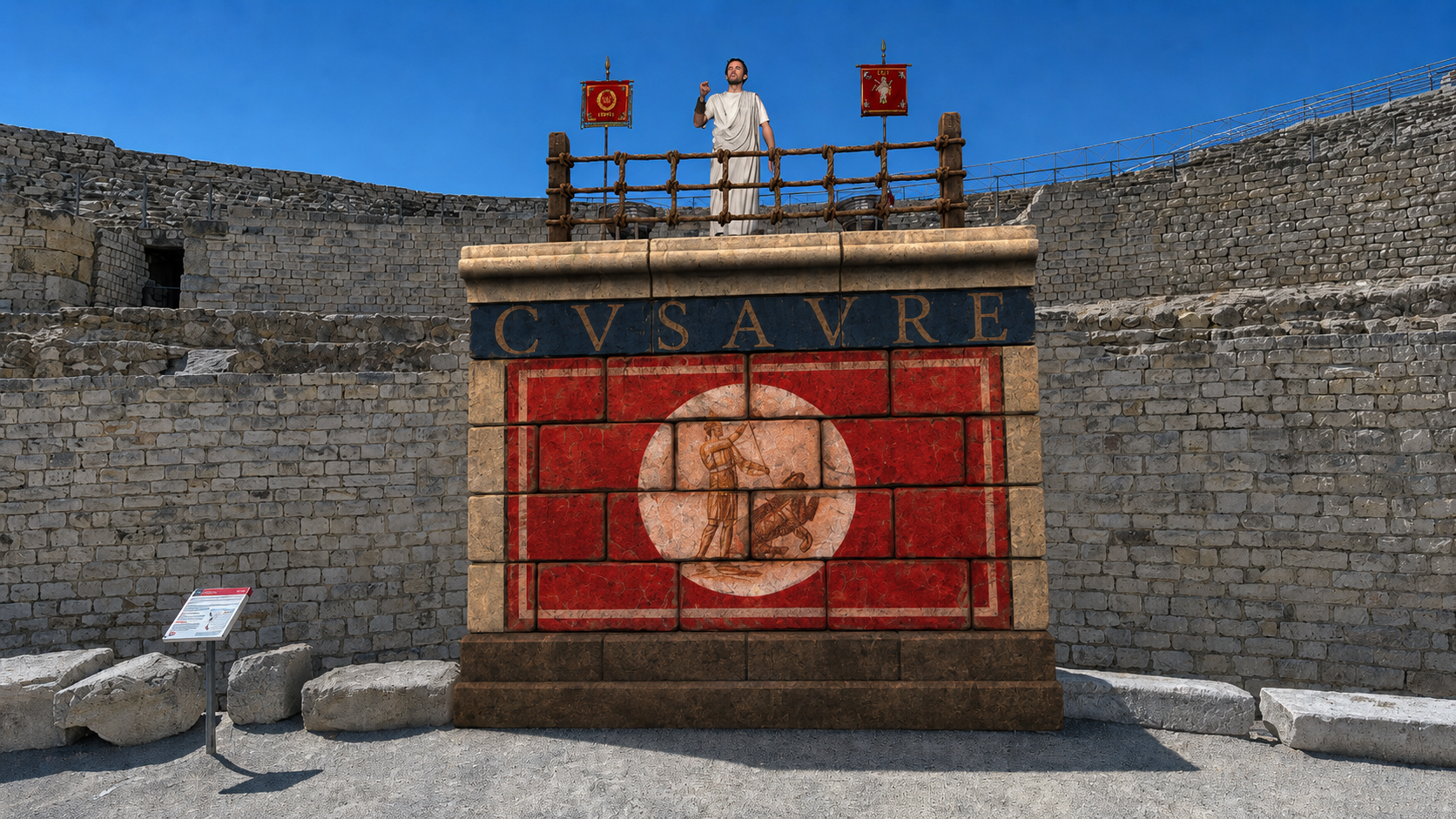 A painted podium in the arena carrying a Roman inscription, with a magistrate in a toga addressing the crowd from above it