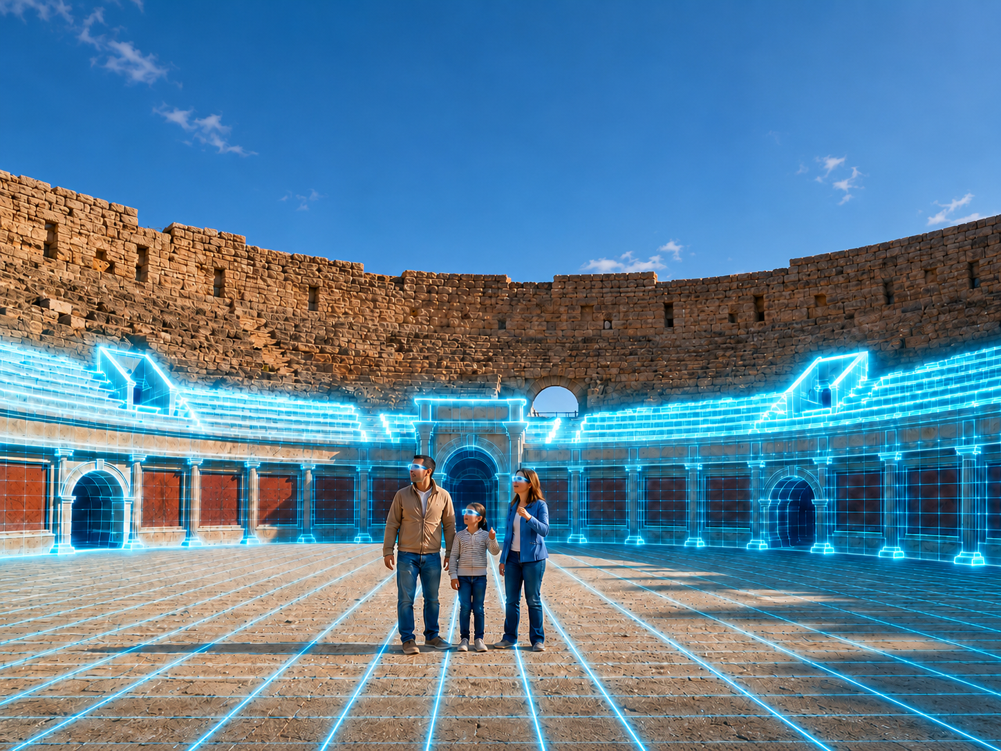 Anfiteatro romano renderizado mitad en piedra, mitad en wireframe digital — representación de la experiencia de realidad mixta de We Rise Up.